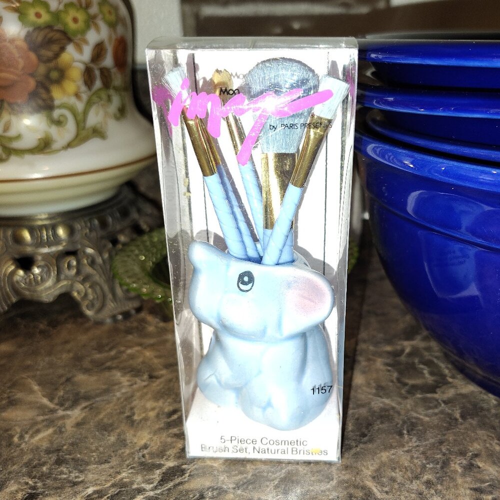 5 pc. Brush Set Vintage 1990 Mon Image by Paris Presents Blue Elephant Ceramic